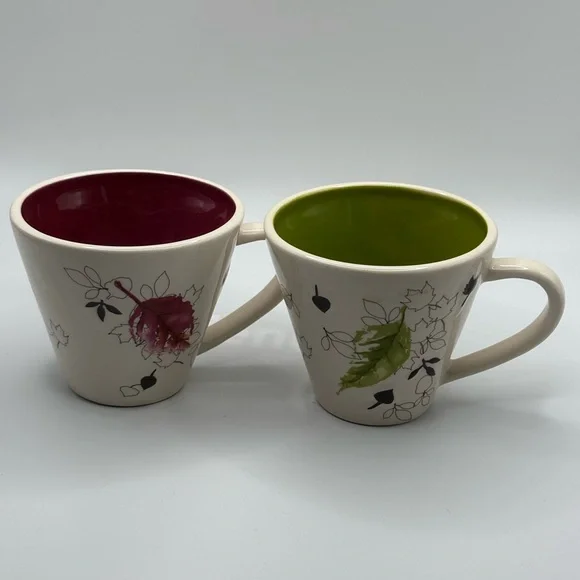Two Starbucks 2007 Ceramic Falling Leaves Mugs Red and Green 8 oz - Picture 6 of 15